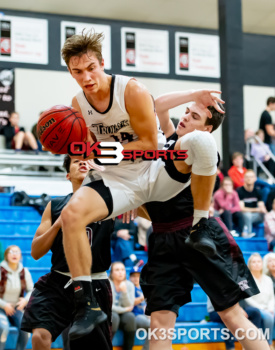 basketball, oklahoma bible trojans, oklahoma bible academy, pioneer-pleasent vale mustangs, pioneer mustangs, boys baskeltball, enid, OK, Ty Dennett, Kevin Noel, Kolby Vestal, Traber Smithson, William Price